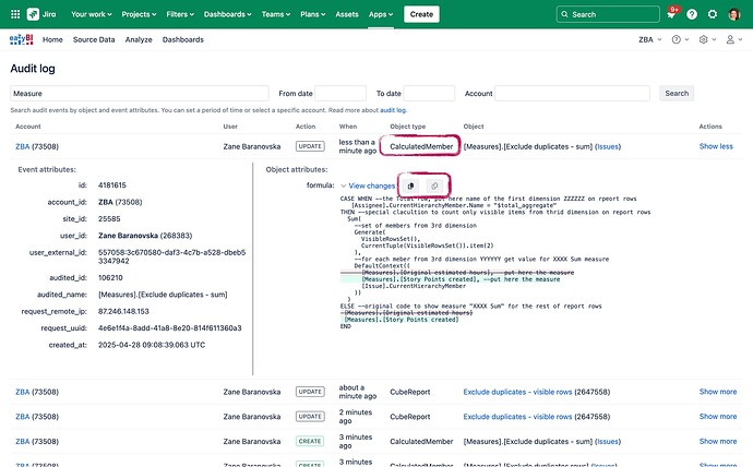 Audit log - changes in calculations