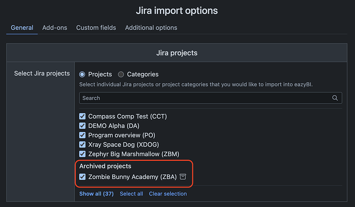 Import archived projects