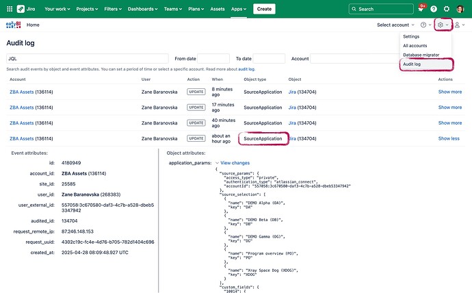 Audit log - changes in import options