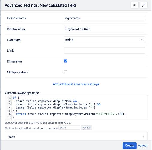 eazyBI JavaScript calcauted field organization unit