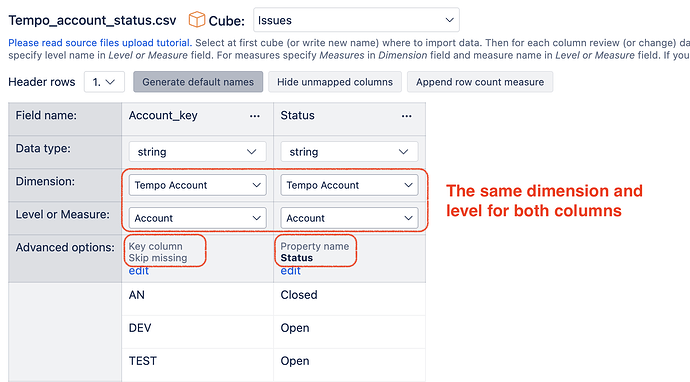 Tempo account - Data mapping for status