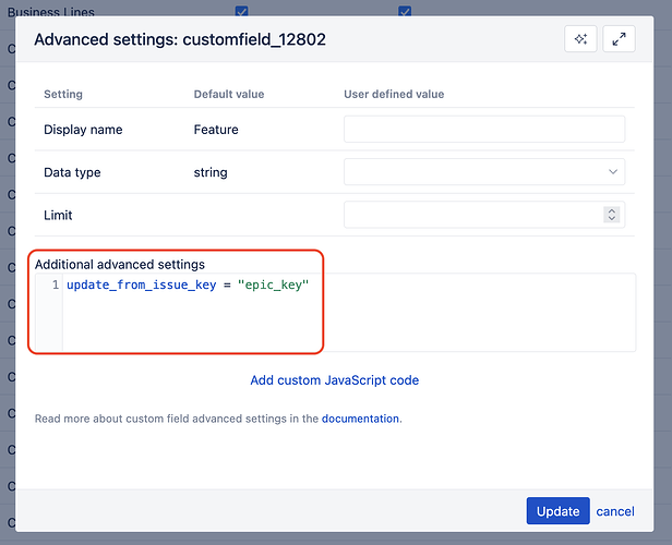 Additional advanced settings for custom field