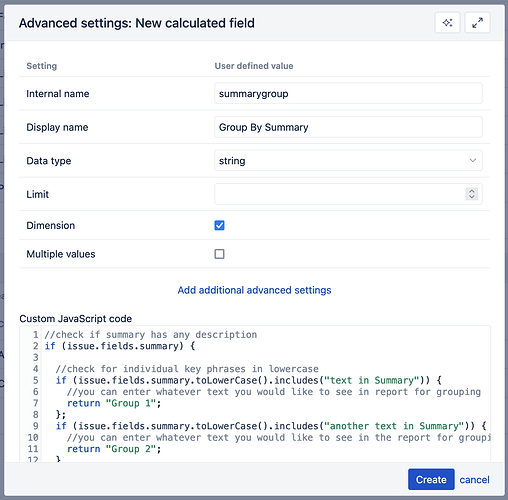 JavaScript calcauted field to group by Summary