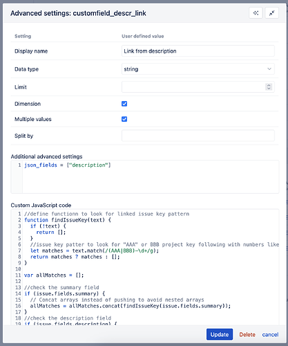 JavaScript calcualted field to find issues keys in summary and description