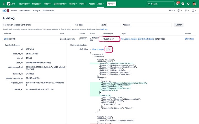 Audit log - changes in report
